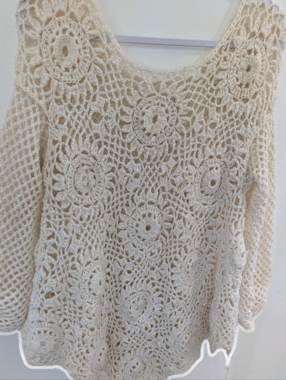 Cream Colored Crochet Knit Sweater Tunic from Italy Worn 1x handmade S/M $126